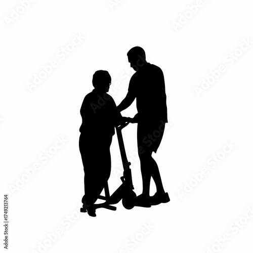 Silhouette of rehabilitation worker assisting patient on stationary bike isolated on white background