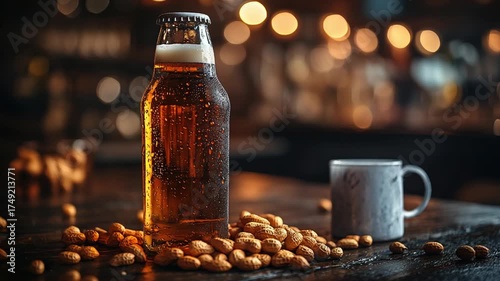Chilled Beer Bottle and Peanuts on a Wooden Table with Bokeh Lights.