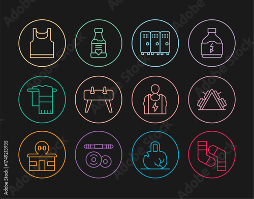 Set line Socks, Metal rack with weight, Locker or changing room, Pommel horse, Towel on hanger, Sleeveless t-shirt, Bodybuilder and Vitamins icon. Vector