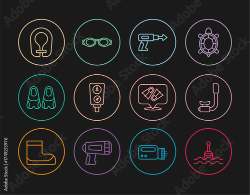 Set line Floating buoy, Snorkel, Fishing harpoon, Gauge scale, Flippers for swimming, Life jacket, and Glasses icon. Vector