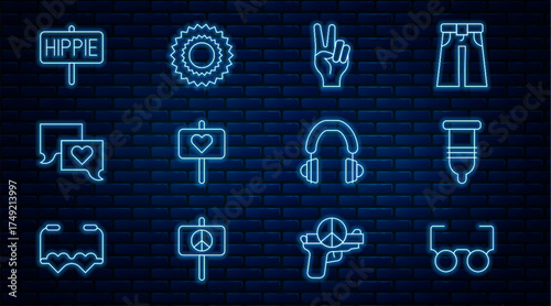 Set line Glasses, Condom, Peace symbol, Speech bubble chat, Headphones and Sun icon. Vector