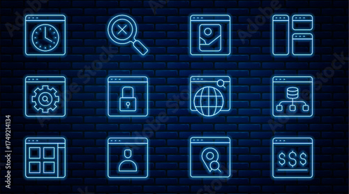 Set line Online shopping on screen, Server, Data, Photo retouching, Secure your site with HTTPS, SSL, Browser setting, window, Search engine and Magnifying glass and delete icon. Vector