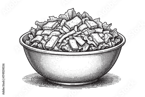 Caesar Salad Bowl Full of Lettuce, Croutons, and Cheese, engraving vector illustration