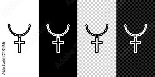 Set line Christian cross on chain icon isolated on black and white,transparent background. Church cross. Vector