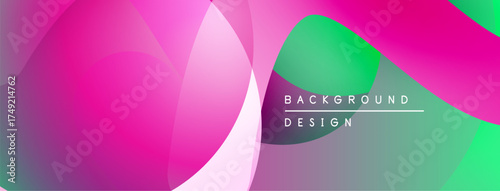 Abstract vibrant shapes overlap. Pink, green hues blend creating modern background design. Smooth gradients dominate composition.