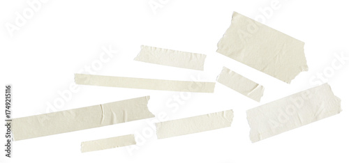 randomly scattered light cream masking tape fragments of various sizes with ripped edges, presented in a clean studio photograph isolated on black.
