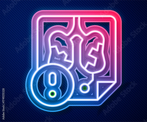 Glowing neon line Disease lungs icon isolated on blue background. Vector