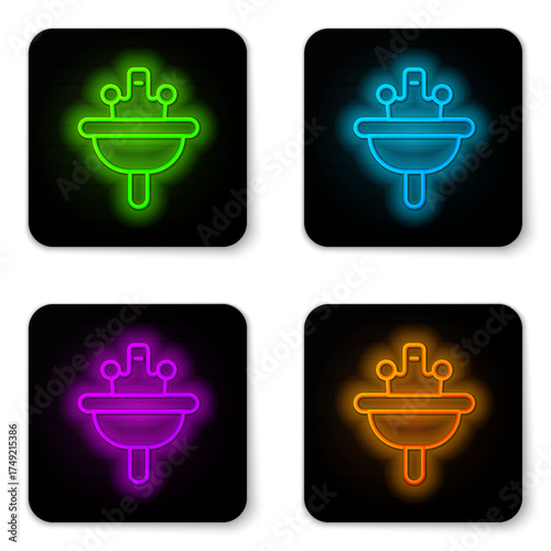 Glowing neon line Washbasin with water tap icon isolated on white background. Black square button. Vector