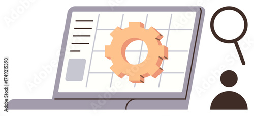 Laptop with clickable gear for system optimization, aligned with a magnifying glass and person icon. Ideal for technology, data analysis, development, workflow, team management, digital