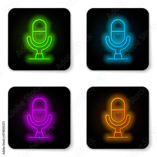 Glowing neon line Microphone voice device icon isolated on white background. Microphone interpreter and alphabet letters. Black square button. Vector