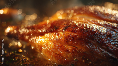 Close-up of roasted meat with crispy golden skin glistening under warm light