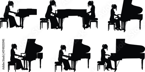 Silhouette of woman playing piano, female pianist at grand piano, isolated music performance, elegant musician art, classical concert sceneSilhouette of , 