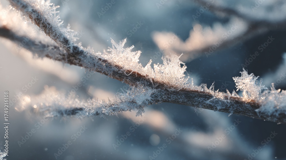 Obraz premium Close-up of frozen branches with delicate snowflakes glistening in the sunlight, creating a serene winter atmosphere.
