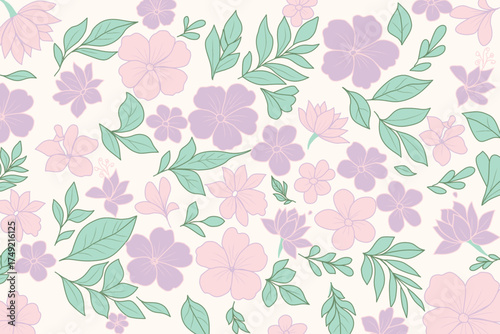 Soft floral seamless pattern in pastel pink, purple, and mint green tones