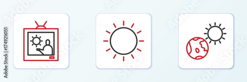Set line Earth globe and sun, Weather forecast and Sun icon. Vector