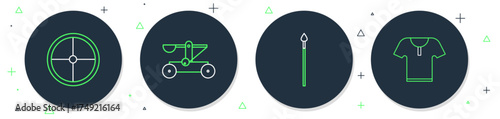Set line Catapult shooting stones, Medieval spear, Round wooden shield and Body armor icon. Vector