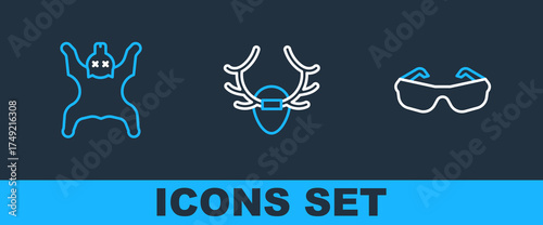 Set line Glasses, Bear skin and Deer antlers on shield icon. Vector