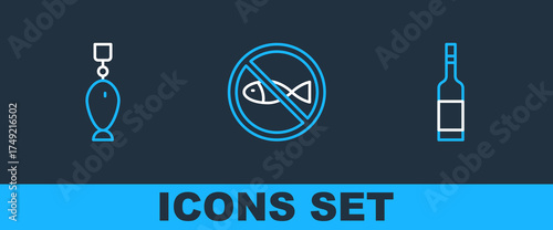 Set line Bottle of vodka, Fishing spoon and No fishing icon. Vector
