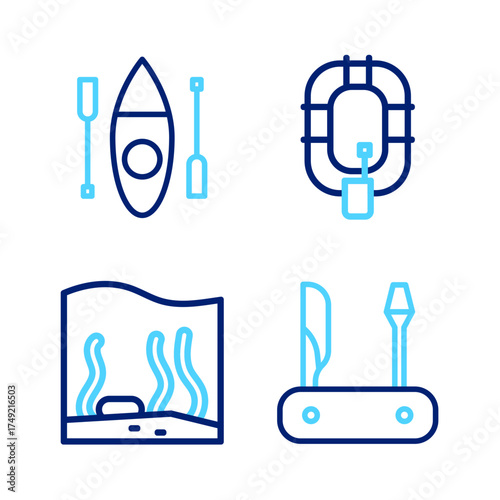 Set line Swiss army knife, Aquarium, Inflatable boat and Kayak or canoe icon. Vector