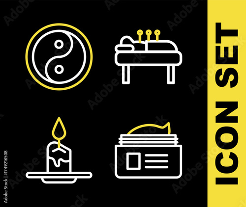 Set line Acupuncture therapy, Ointment cream tube, Aroma candle and Yin Yang icon. Vector