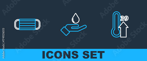 Set line High human body temperature, Medical protective mask and Washing hands with soap icon. Vector