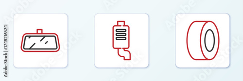 Set line Car tire, mirror and muffler icon. Vector