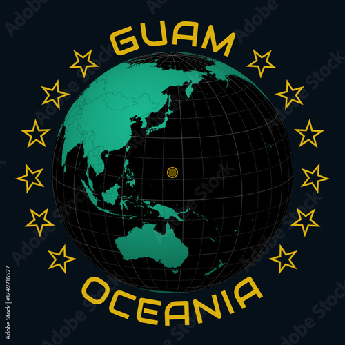 Territory of Guam on Globe. Round country and continent name text. Country view on world map in Black Emerald color palette. Guam shape on map. Artistic vector illustration.
