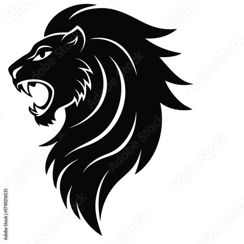Vector tattoo silhouette of a roaring lion head illustration on a white background for wild animal mascot symbol art