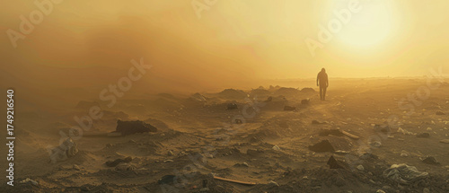 Silhouetted figure walking through barren desert wasteland scattered with discarded clothing under a glowing sunset