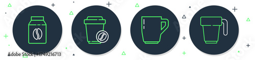 Set line Coffee cup to go, Bag coffee beans and icon. Vector