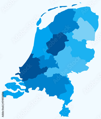 Map of Netherlands with regions. Just a simple country border map with region division. Light blue color palette. Plain Netherlands shape with administrative division. Vector illustration.