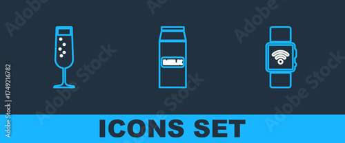 Set line Smartwatch with wireless, Glass of champagne and Paper package for milk icon. Vector