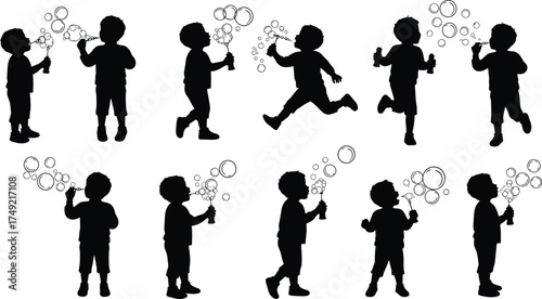 Silhouette of young boys blowing soap bubbles, playful childhood moments, outdoor fun activity, carefree summer joy, happy kids 