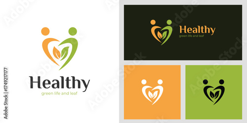 Healthy Love People Logo Design with Abstract Heart and Leaf Symbol Represents Care, Nature, and Wellness Graphic Concept for Eco Brand, Health, and Organic Lifestyle Business