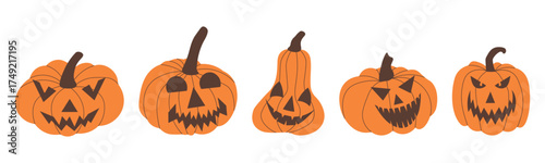 Set of Halloween orange pumpkins with carved scary faces.Collection in different funny shapes and expressions.Spooky Halloween decoration