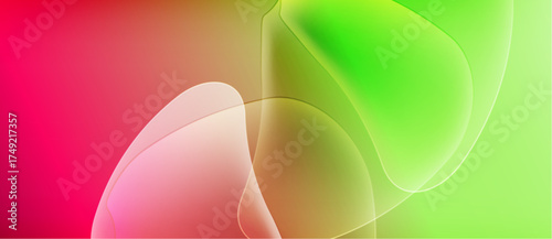 Abstract gradients blend pink, green, yellow hues. Soft shapes overlap creating luminous effect. Modern design, vibrant colors.