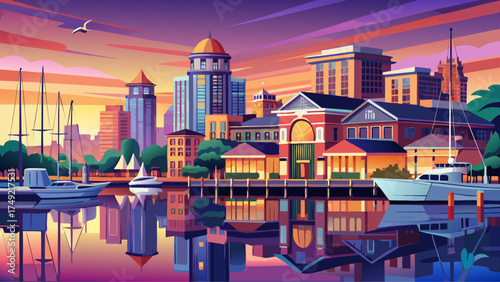 Very beautiful view of Hampton, Virginia downtown waterfront district at sunset, vector-style illustration highlighting colorful skies, calm water reflections, and coastal elegance.