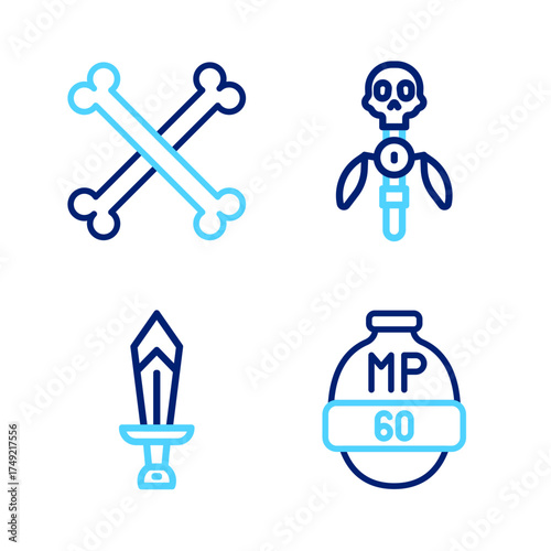 Set line Video game bar, Sword for, Magic staff and Crossed human bones icon. Vector