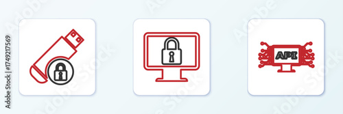 Set line Computer api interface, USB flash drive with lock and Lock on monitor icon. Vector