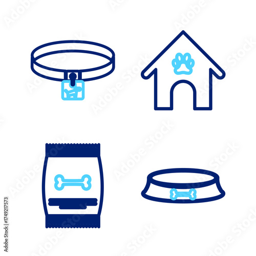 Set line Pet food bowl, Bag of for pet, Dog house and paw print and collar icon. Vector