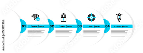 Set line Electric scooter, Time Management, Open padlock and Wifi locked icon. Vector