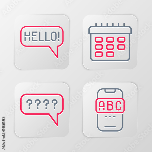 Set line Foreign language online study, Speech bubbles with Question, School timetable and Hello different languages icon. Vector