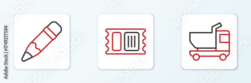Set line Toy truck, Pencil with eraser and Circus ticket icon. Vector