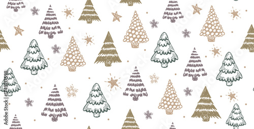 Christmas tree with star on white, hand drawn illustrations.	