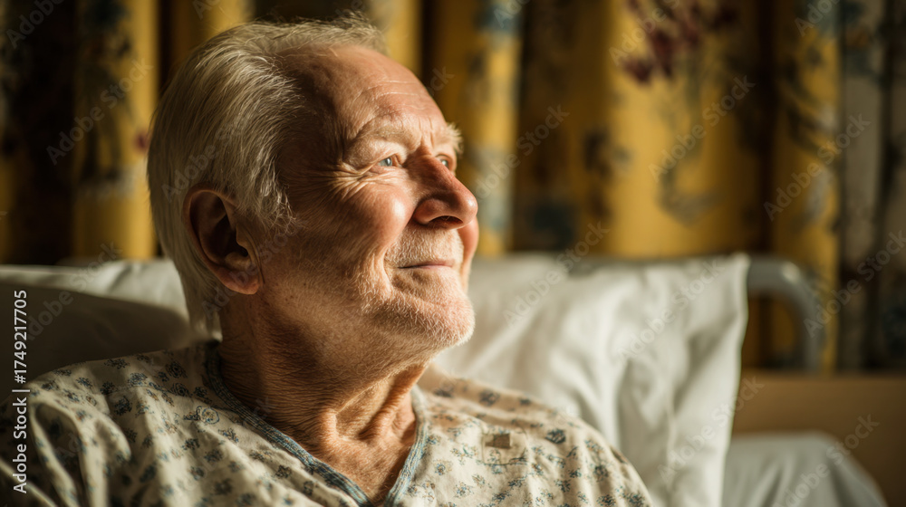 Fototapeta premium Elderly man resting in a hospital bed, smiling peacefully as warm sunlight streams through the window