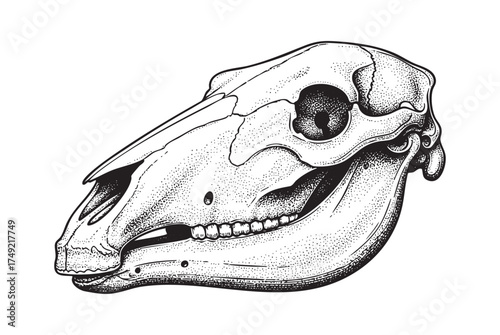 Horse Skull Bone Structure and Dental Anatomy engraving vector illustration
