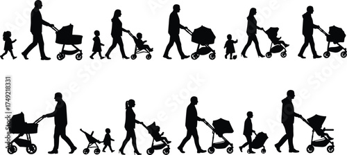 Silhouette parents walking with children and strollers, family outdoor activity, modern parenting, father mother kids together, love and care