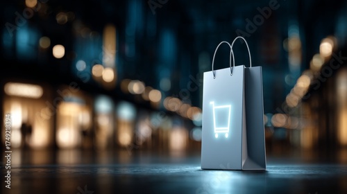 A modern shopping bag with a glowing cart icon, set against a blurred, vibrant shopping mall background, conveying a sense of retail excitement.