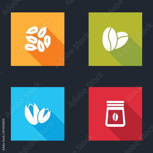 Set Seed, Coffee beans, Pistachio nuts and Bag coffee icon. Vector