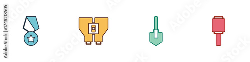 Set Military reward medal, Binoculars, Shovel and Anti-tank hand grenade icon. Vector